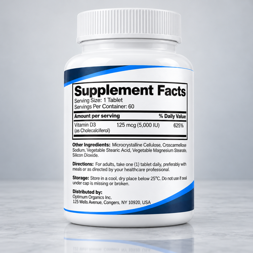 Optimum Organics Vitamin D3 5000 IU (125 mcg) – 60 Tablets